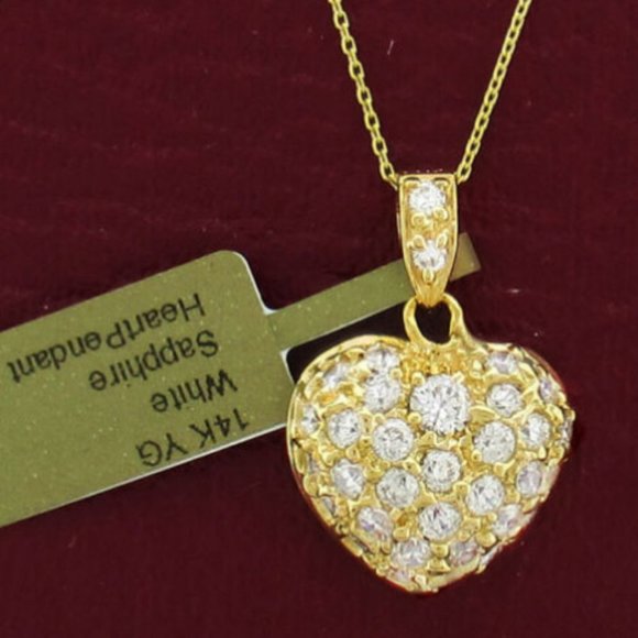 Created White Sapphires Heart Pendant Necklace 14k Gold
